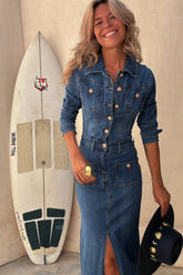 Fashionable Button-Up Long Sleeve Denim Dress