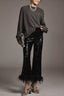 Sequin Feather Trim Flare Leg Pants