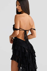 Sexy Lace Slim Drawstring Cutout Sheer Irregular Tube Top Boho Dress