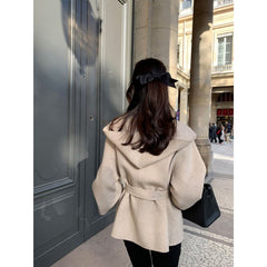 Chic Brown Woolen Hooded Overcoat