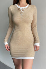 Sexy Henley Neck Layered Knit Bodycon Dress