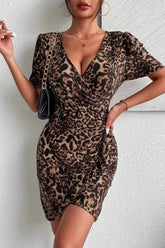 Sexy Leopard Print V Neck Bodycon Elegant Cocktail Dress