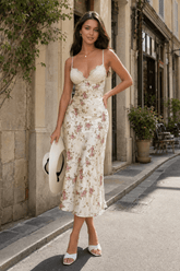 V Neck Lace Satin Spliced Strap Floral Dress