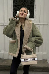 Lapel Faux Suede Shearling Coat