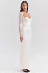 Long Sleeve Lace Satin Maxi Dress