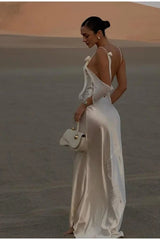 Elegant White Satin Backless Maxi Dress