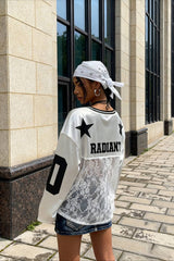 Lace Sheer V Neck Print Sweatshirt