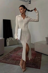 Collar Button Down Knit Fitted Bodycon Split Long Sweater Dress