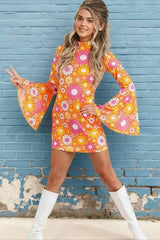 Purple Floral Flared Long Sleeve Party Dress