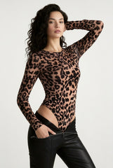 Knit Leopard Print Crew Neck Slim Long Sleeve Bodysuit