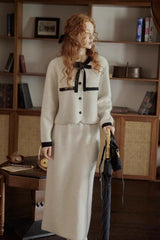 Pastel Color Block Bow Sweater Tweed Suit Set