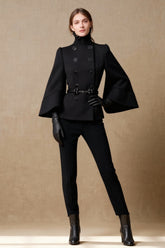 Double Breasted High Neck Solid Flared Buttoned Elegant Coats