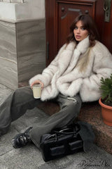 White Tip-Dyed Faux Fox Fur Mid-Length Coat