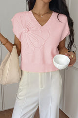 Deep V Solid Knit Short Sleeve Sweater