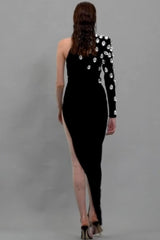 Rhinestone One Shoulder Long Sleeve Slit Bandage Cocktail Dress