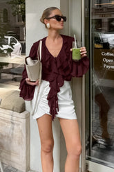 French V Neck Ruffle Blouse