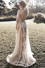 Round Neck Long Sleeve Lace Back Prom Dress
