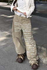 Vintage Washed Letter Print Wide Leg Slim Floor Length Jeans