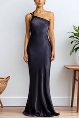 Elegant Asymmetrical Shoulder Slim Satin Party Formal Dress