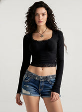 Y2K Lace Bow Paneled Slim U neck Long Sleeve Crop Top