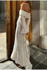 Sexy Off Shoulder Ruched Lace Flare Sleeve Bodycon Dress