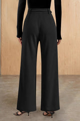 High Waist Straight Metal Belted Office Drape Pants