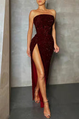 Sequin Split Strapless Off Shoulder Sexy Formal Dress
