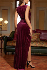 Sexy Deep V Ruched Slit Metallic Velvet Long Formal Dress