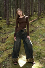 Retro Leopard Print Wide Leg Jeans