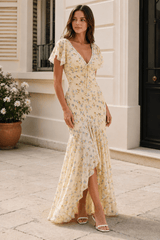 Mermaid V Neck Lace Panel Slim Long Floral Dress