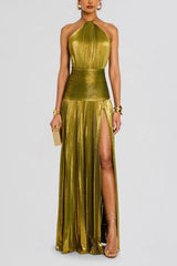 Metallic Pleated Slit Tie Halter Sleeveless Formal Dress