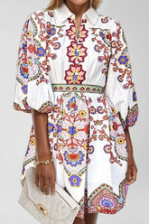 Ethnic Floral Lantern Sleeve Collared Boho Dress