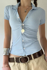 Striped Button Front Fitted T-Shirt