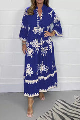 Floral Print Band Collar Waist Cinching Elegant Boho Dress