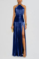 Metallic Pleated Slit Tie Halter Sleeveless Formal Dress