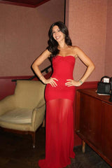 Elegant Slim Strapless Backless Ruched Mesh Long Formal Dress