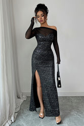 Elegant High Neck Long Sleeve Maxi Sequin Dress
