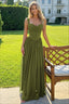 Corset Bodice Ruched Strap Flared Maxi Dress