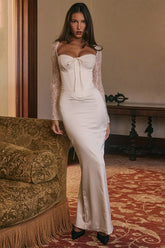 Long Sleeve Lace Satin Maxi Dress