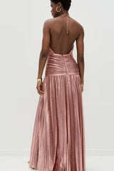 Metallic Pleated Slit Tie Halter Sleeveless Formal Dress
