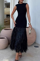 Solid Raffia Panel Knit Midi Chic Cocktail Dress