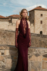 Lace Patchwork Deep V Ruched Prom Dress