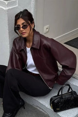 Retro Wine Red PU Leather Short Jacket