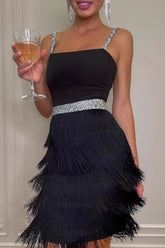 Elegant Black White Blue Sling Fringe Midi Cocktail Dress