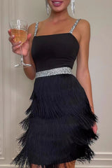 Elegant Black White Blue Sling Fringe Midi Cocktail Dress