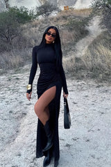 Ruched Mock Neck Long-Sleeve Work Dress