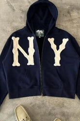 Embroidered Floral Print Zip Hoodie