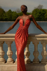 Elegant Sequin Strapless Deep V Waist Tie Long Formal Dress