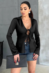 Satin Tie Front Slim Fitted Long Sleeve Blouse