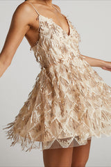 Elegant V Neck Sequin Spaghetti Strap Mini Formal Sequin Dress